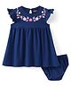 Babyhug Cotton Knit Frill Sleeves Frock with Floral Print & Bloomer - Blue