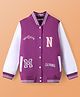 Pine Kids Cotton Knit Full Sleeves Bomber Jacket With Text Embroidery - Purple & White