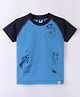 Teddy Cotton Knit Half Raglan Sleeves T-Shirt with Space Theme Print & Embroidery Pocket Detailing - Blue