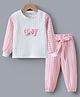 Kookie Kids Full Sleeves Winter Wear Checkered   T-Shirt & Pant Set with Bow Applique - Pink