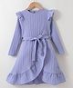 Kookie Kids Full Sleeves Winter Frock With Frill Detail & Self Fabric Belt - Purple