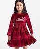 Babyhug Velour Full Sleeves Tiered Frock With Floral & Text Embroidered -Red