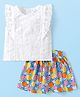 Babyhug Single Jersey Knit Frill Sleeves Schiffli Top & Skirt Set With Tropical Print - Multicolor