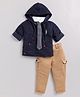 LITTLE COLLARS Cotton Full Sleeves Bear Printed Hooded Tee With Pant - Navy Blue