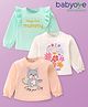 Babyoye 100% Cotton Knit Eco- Jiva Finsh Full Sleeves Tops with Frill Detailing Cat & Text Print Pack of 3 - Multicolor