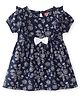 Babyhug Single Jersey Knit Half Sleeves Frock With Floral Print & Bow Applique - Navy Blue