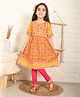 Kinder Kids Three Fourth Sleeves Floral Printed & Gota Lace Embellished Kurta Leggings Set - Yellow & Pink