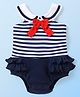 Babyhug 100% Cotton Knit Sleeveless Frock Style Onesie with Striped & Bow Detailing - Navy Blue