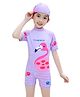 The Mom Store Half Sleeves Flamingo Printed Swimsuit With Cap Set - Lavender
