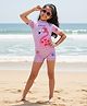 The Mom Store Half Sleeves Flamingo Printed Swimsuit With Cap Set - Lavender
