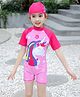 The Mom Store Raglan Sleeves Unicorn Printed Swimsuit With Cap Set - Pink