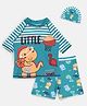 The Mom Store Half Raglan Sleeves Dinosaur Printed & Placement Striped Swimsuit Set With Cap - Multi Colour