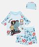 The Mom Store Raglan Sleeves Dinosaur Printed & Striped Swimsuit Set With Cap - Multi Colour