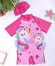 Bubble Berry Half Raglan Sleeves  Unicorn Printed Swimsuit With Coordinating Cap - Pink