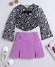 Taffykids Full Bell Sleeves Floral Printed Crop Top With Slit Detailed Solid Skirt Set - Black & Purple