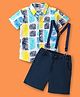 OLLINGTON ST. 100% Cotton Knit Half Sleeves Collared Shirt & Twill Shorts Set Leaf Print With Suspender Multicolor