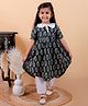 Junitos Pure Cotton Half Sleeves Floral Motif Printed Dress & Pant Set - Navy Blue & White