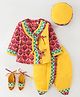 Exclusive from Jaipur Cotton Full Sleeves Kurta Dhoti Set with Cap & Mojaris Floral Print - Red & Yellow