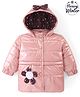Babyoye Woven Solid Dyed Full Sleeves Front Open Padded Hooded Jacket with Bow & Floral Applique - Peach