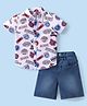 Babyhug Cotton Woven Half Sleeves Shirt & Denim Shorts Set with Text Print - Multicolour