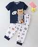 BLUSHES Sinker Knit Half Sleeves Cats & Paws Printed Night Suit - White & Navy Blue