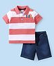 Babyhug Cotton Lycra Knit Half Sleeves Striped T-Shirt & Shorts Set with Crayon Print - Coral & Blue