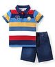Babyhug Single Jersey Knit Half Sleeves Striped Polo T-Shirt & Denim Shorts Set - Multicolor