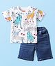 Babyhug Cotton Knit Half Sleeves T-Shirt & Denim Shorts Set With Animals Print - Multicolor
