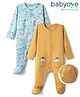 Babyoye 100% Cotton Knit Full Sleeves Sleep Suits With Winter Print Pack of 2 - Light Blue & Yellow