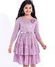 Hola Bonita Three Fourth Sleeves Knee Length Sequined Tiered Party Frock With Floral Applique  - Lilac