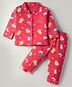 Little Darlings Cotton Full Sleeves Night Suit With Stars & Animal Print - Strawberry