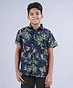 Kiddopanti Cotton Half Sleeves Leaves Printed Shirt - Navy Blue & Green