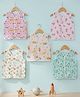 Baby Moo 100% Cotton Pack Of 5 Sleeveless Vehicles & Chocolates Printed Jhablas - Pink Yellow Green & Orange