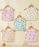 Baby Moo 100% Cotton Pack Of 5 Sleeveless Vehicles & Animals Printed Jhablas - Pink Yellow Green & Orange