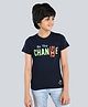 3PIN Cotton Lycra Half Sleeves Be The Change Text Printed Tee - Navy Blue