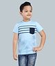 3PIN Cotton Tencel Blend Half Sleeves Placement Tree Printed & Striped Tee - Aqua Blue