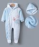 Kookie Kids Full Sleeves Footed Hooded Winter Wear Romper with Elephant Embroidery - Blue