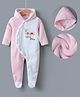 Kookie Kids Full Sleeves Winter Wear Hooded Footed Romper with Caterpillar Embroidery - Pink & White