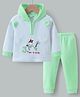 Kookie Kids Full Raglan Sleeves Hooded Winter Night Suit With Text & Animal Embroidery - Green & White