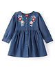 Babyhug Denim Woven Full Sleeves Frock With Floral Embroidery - Blue