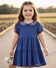 Babyhug Puff Sleeves Peter Pan Collar Frock with Floral Embroidered -  Navy Blue