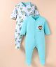 OHMS Single Jersey Knit Full Sleeves Footed Sleep Suit with Bear Printed Pack of 2 - Aqua Blue & White