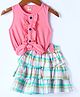 Dew Drops Sinker Knit Sleeveless Top & Layered Skirt Set With Check Design & Frill Detailing - Pink