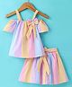 Dew Drops Sinker Knit Off Shoulder Striped Top Skirt Set With Bow Applique- Pink
