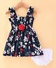 Dew Drops Cotton Knit Sleeveless Floral Printed Frock with Bloomer & Smocking Detailing  - Navy Blue