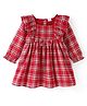 Babyhug Cotton Woven Full Sleeves Checked Frock with Ruffle Detailing & Bow Applique - Red