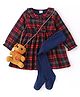 Babyhug Cotton Woven Full Sleeves Checkered Peter Pan Collared Frock with Leggings & Teddy Sling - Navy Blue & Red