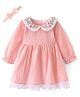 Babyhug Cotton Woven Full Sleeves Checked Frock with Floral Embroidered Peter Pan Collar & Head Band-  Coral
