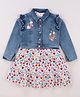 Babyhug Single Jersey Knit Floral Printed Frock With Full Sleeves Floral Embroidered Denim Jacket - White & Blue