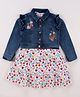 Babyhug Single Jersey Knit Floral Printed Frock With Full Sleeves Floral Embroidered Denim Jacket - White & Blue